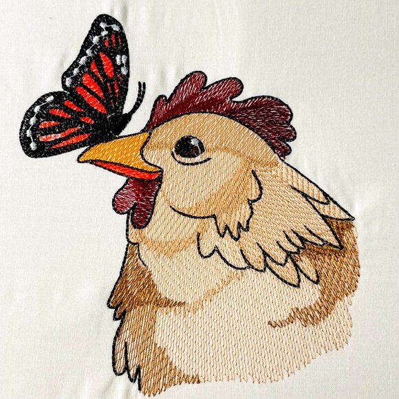 Chicken Butterfly Embroidered Art Wall Hanging Wood Embroidery Hoop Frame 13" - Picture 4 of 6
